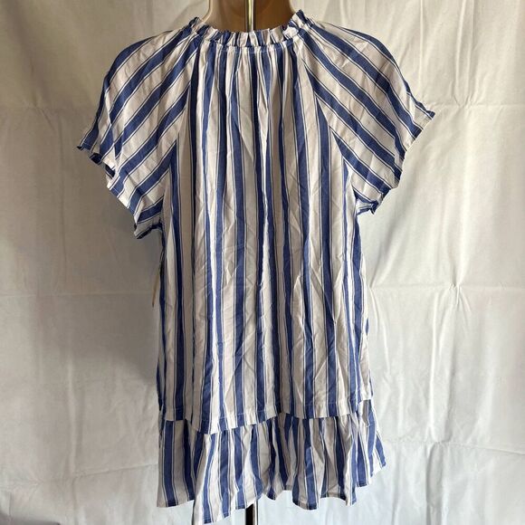 St Johns Bay NWT Blue White Striped Vneck Ruffled Boho Blouse Size Small - Picture 2 of 10